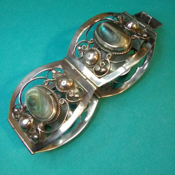 Vintage Sterling Silver Abalone Panel Wide Ornate Bracelet 925 - Picture 5 of 9